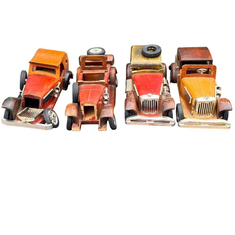 Vintage Wooden Model Car Set 4pc Antique Style Decorative Wood Toy Vehicles DIY